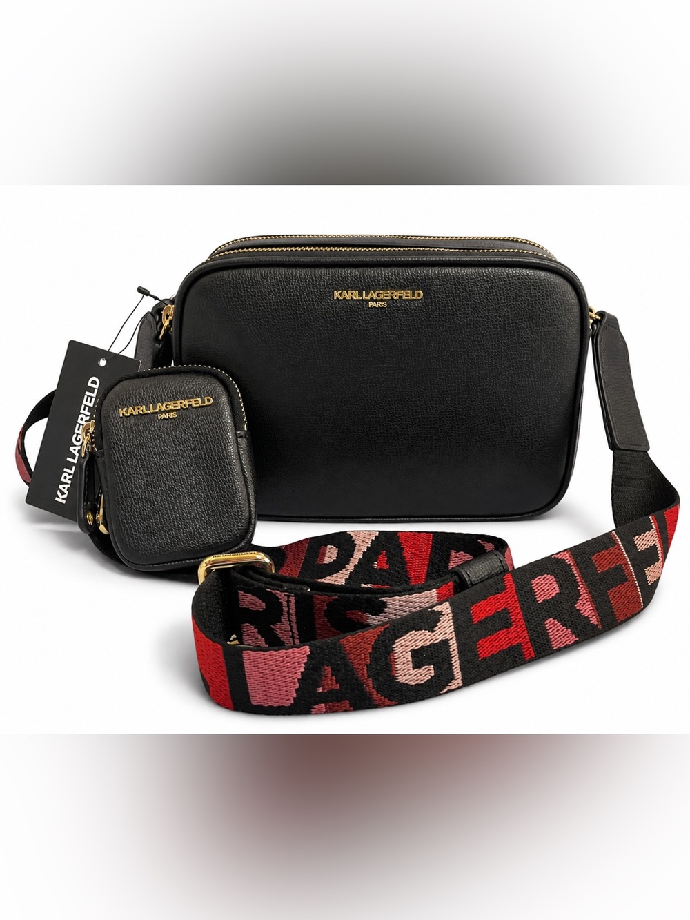 Karl Lagerfeld NWT Paris Black Camera Crossbody Zip Pouch Logo Guitar Strap